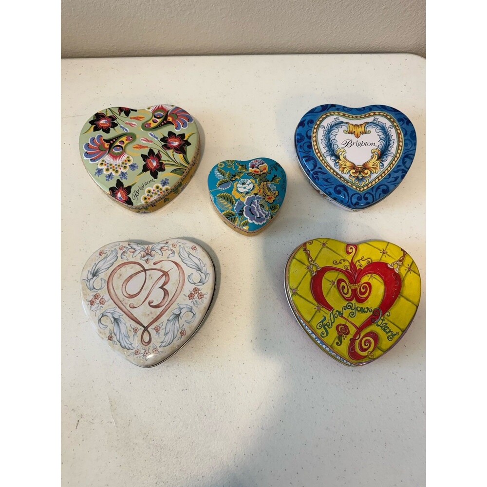Brighton EMPTY Jewelry Metal Heart Shaped Tins Lot of 5 Boxes Floral Love Design
